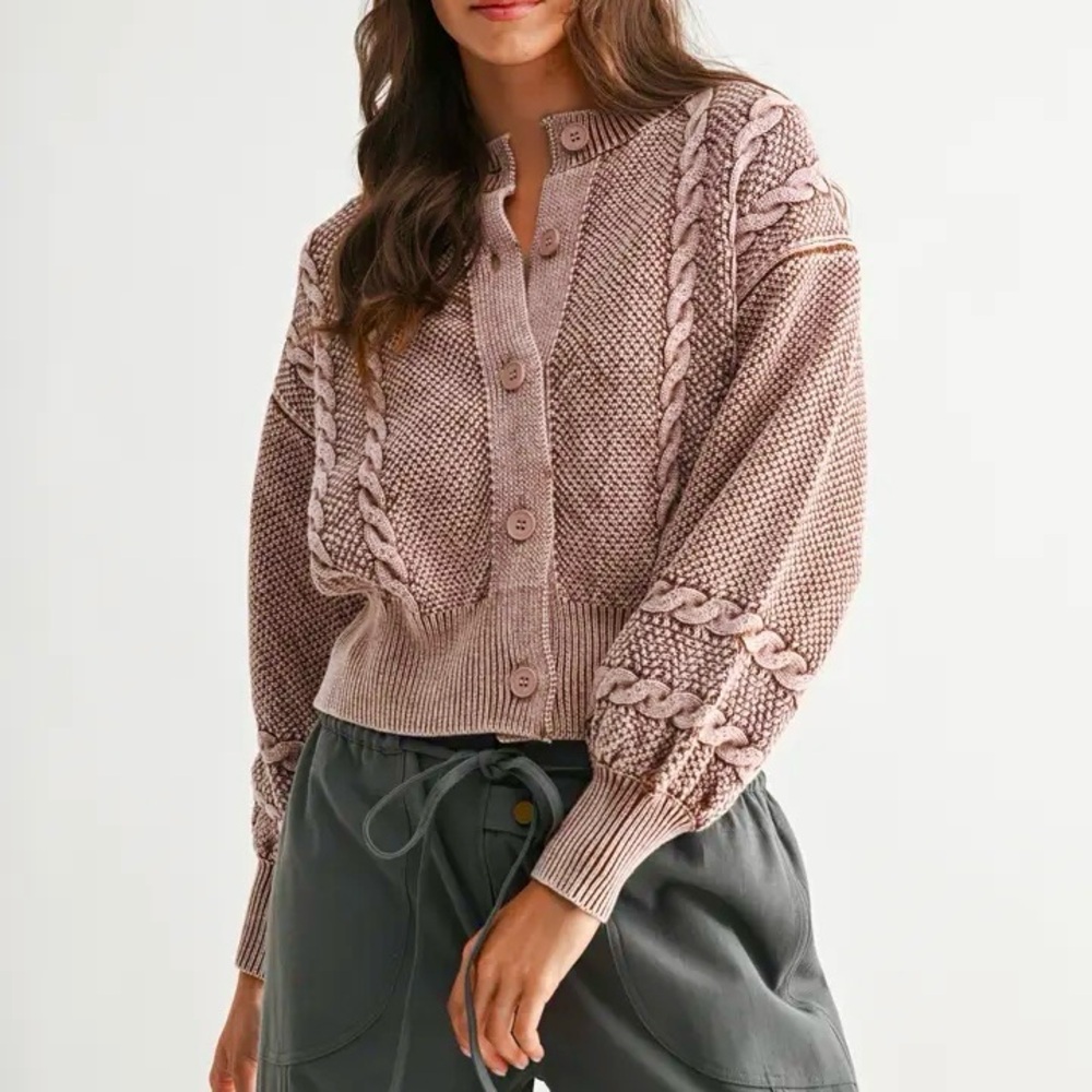 NEW Camellia Cable Knit Button Cardigan in Burgundy color size Small